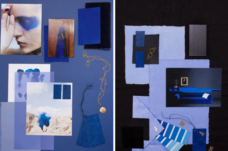   Dos moodboards recientes realizados por Gudy Herder con un protagonista en común: el azul Klein.  
